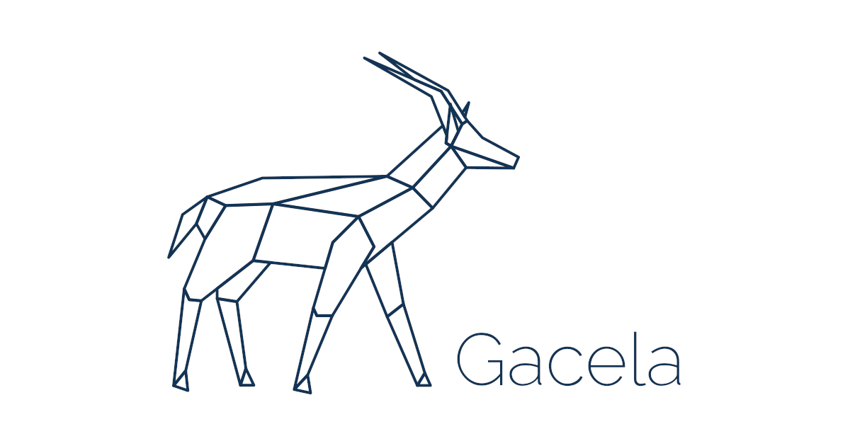 Imagen de portada de Gacela Project constituida por su logo y escrito a su derecha en la parte inferior Gacela, todo sobre un fondo blanco, el logotipo es una simplificación de una gacela de origami donde los bordes de esta están resaltados en un color azulado oscuro, las letras Gacela están en el mismo color
