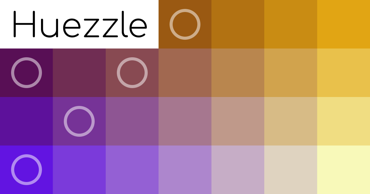 Imagen de portada de Huezzle en la que se ve un puzzle resuelto de tonos purpuras y naranjas con el texto Huezzle en negro sobre fondo blanco situado en la esquina superior izquierda