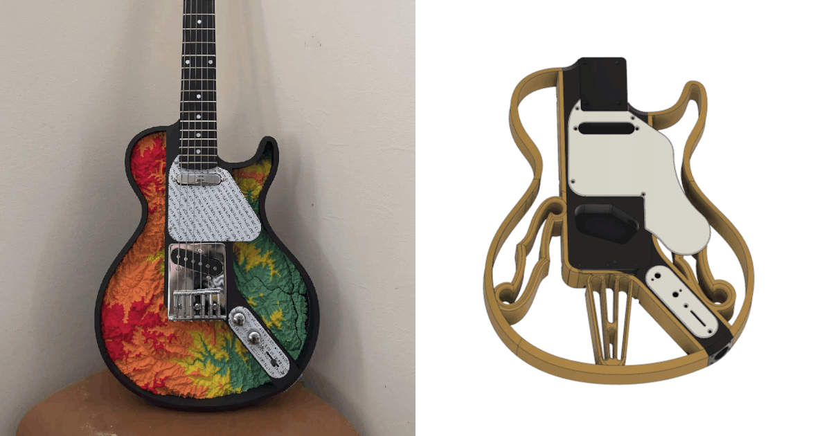 A la izquierda una fotografía de una modificación de la Les Paul, que en lugar del espiral, presenta la topografía
del Himalaya, el perfil de la guitarra es negro como el mastil mientras que el golpeador es blanco, el relieve de la
topografía está además en un gradiente de color donde se muestra en rojo las zonas mas altas pasando por naranja y
amarillo hasta el verde para las zonas mas bajas. A la derecha el diseño 3D de una modificación de la misma Les Paul
que en lugar de la espiral del diseño original tiene detalles que recuerdan al cuerpo de un violín o una guitarra
de jazz, el cuerpo está en color dorado e incluye un golpeador especial que también recuerda a ese estilo jazz de
color blanco.