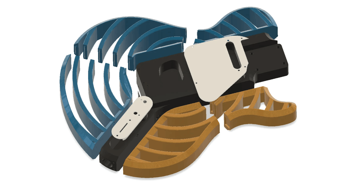Esquema 3D de las piezas de una guitarra eléctrica Modulcaster inspirada en la Les Paul, con un núcleo negro y
piezas modulares en azul, el cuerpo es parcialmente hueco a excepción de un espiral que soporta el perímetro de
la característica forma de la Les Paul