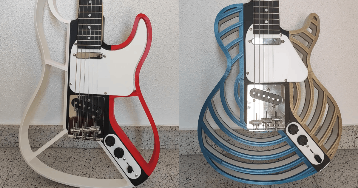 Fotografías de las guitarras ya impresas en 3D sobre el suelo apoyadas en vertical sobre una pared blanca, a la
izquierda la Stratocaster y a la derecha la Les Paul, ambas con el mismo esquema de colores que en los diseños
originales, tienen el mastil y las perillas color negro y el golpeador de color blanco