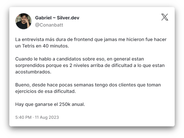 
Post de @Conanbatt: La entrevista mas dura de frontend que jamás me hicieron fue hacer un Tetris en 40 minutos.
